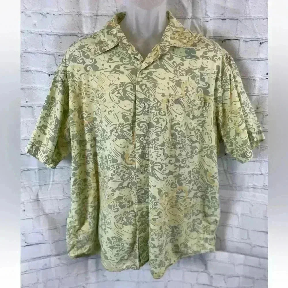 Aigle Shirt Men's Size XL‎ GREEN YELLOW Floral Tropical Short Sleeve Button top